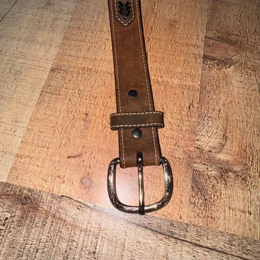 Nocona Western Boys Belt Youth Leather Fabric Inset Conchos Brown Size 22”